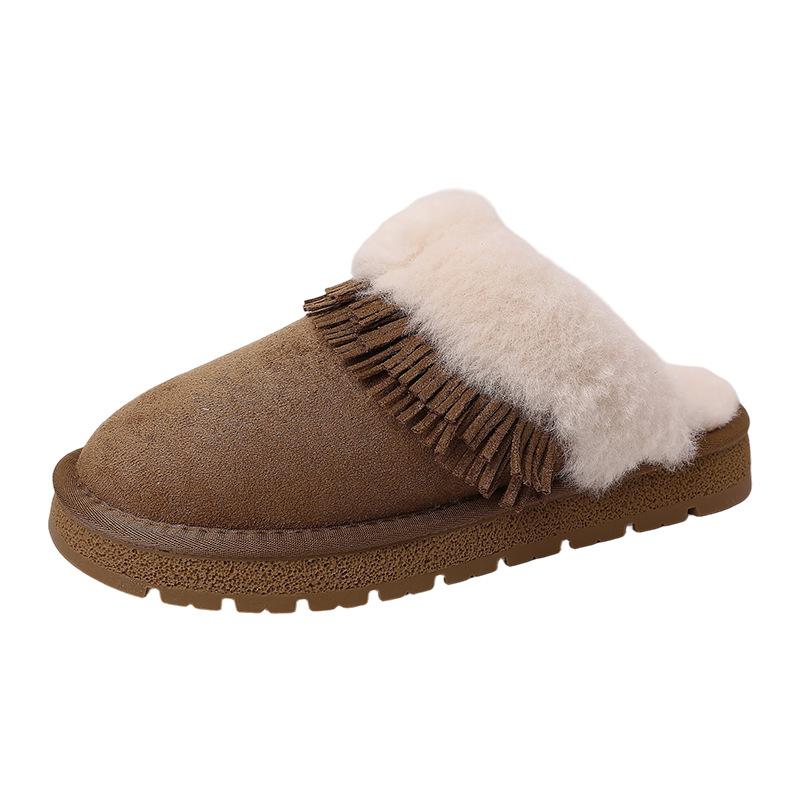 Niche Design Sense Tassel Baotou Drag Women Autumn and Winter Retro Plush Versatile Home Suede One-pedal Cotton Slippers
