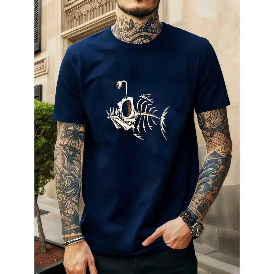 Summer 2D Printed Trendy Minimalist Men's T-Shirt with Monkfish Bone Print Casual Versatile Pullover 100% Cotton T Shirts