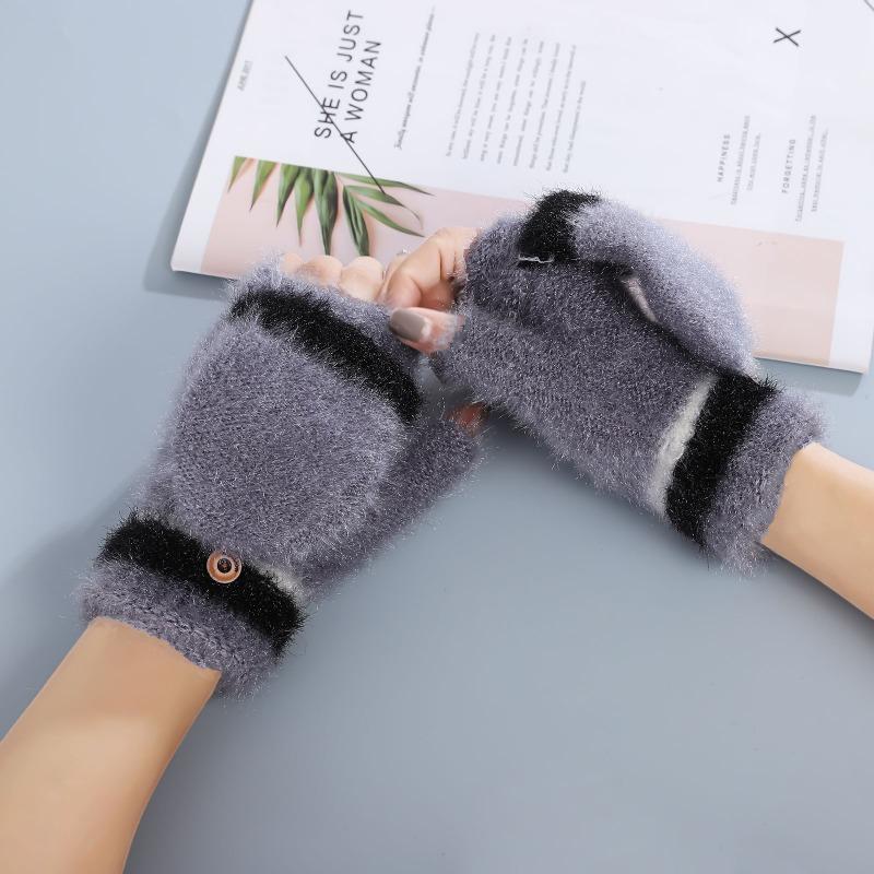 New Flip Gloves, Autumn and Winter Color Matching Mink Velvet Thickened Half-finger Thermal Gloves