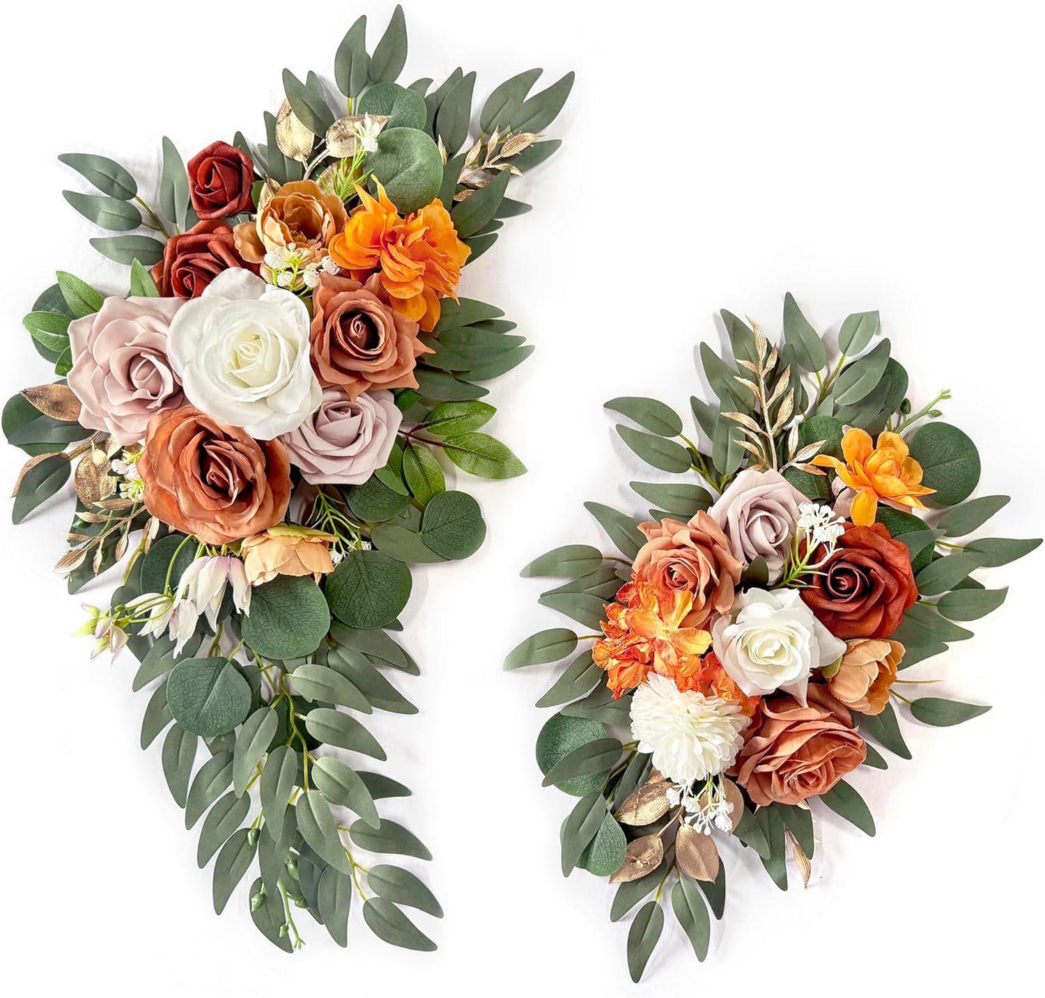 Wedding Welcome Sign Floral Decor Set: 2-Piece Artificial Roses, Sunflowers & Eucalyptus