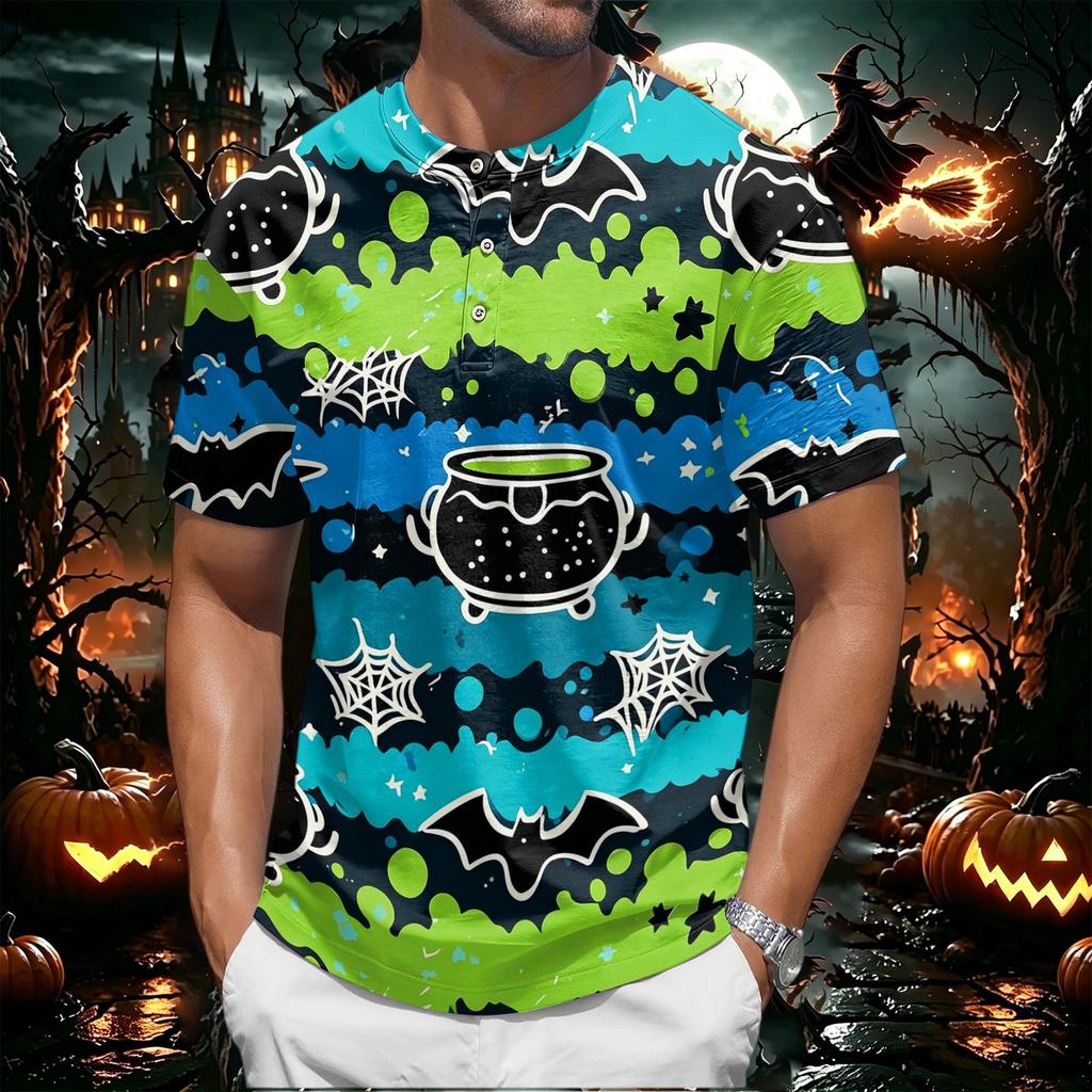 Men's Halloween Print Short Sleeve Henley Shirt Casual Round Neck Button Up Top for Seasonal Wear