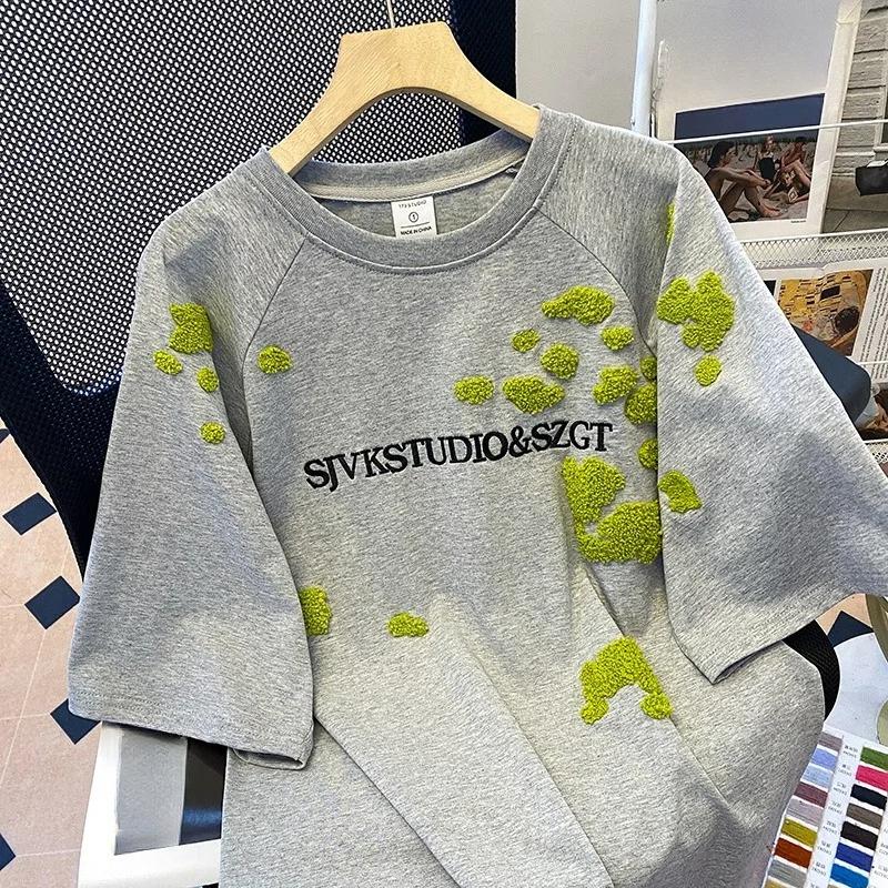 

Short-sleeved T-shirts Women s Summer Embroidered Flower Medium Long Loose All Match Niche Crew Neck Top 2XL
