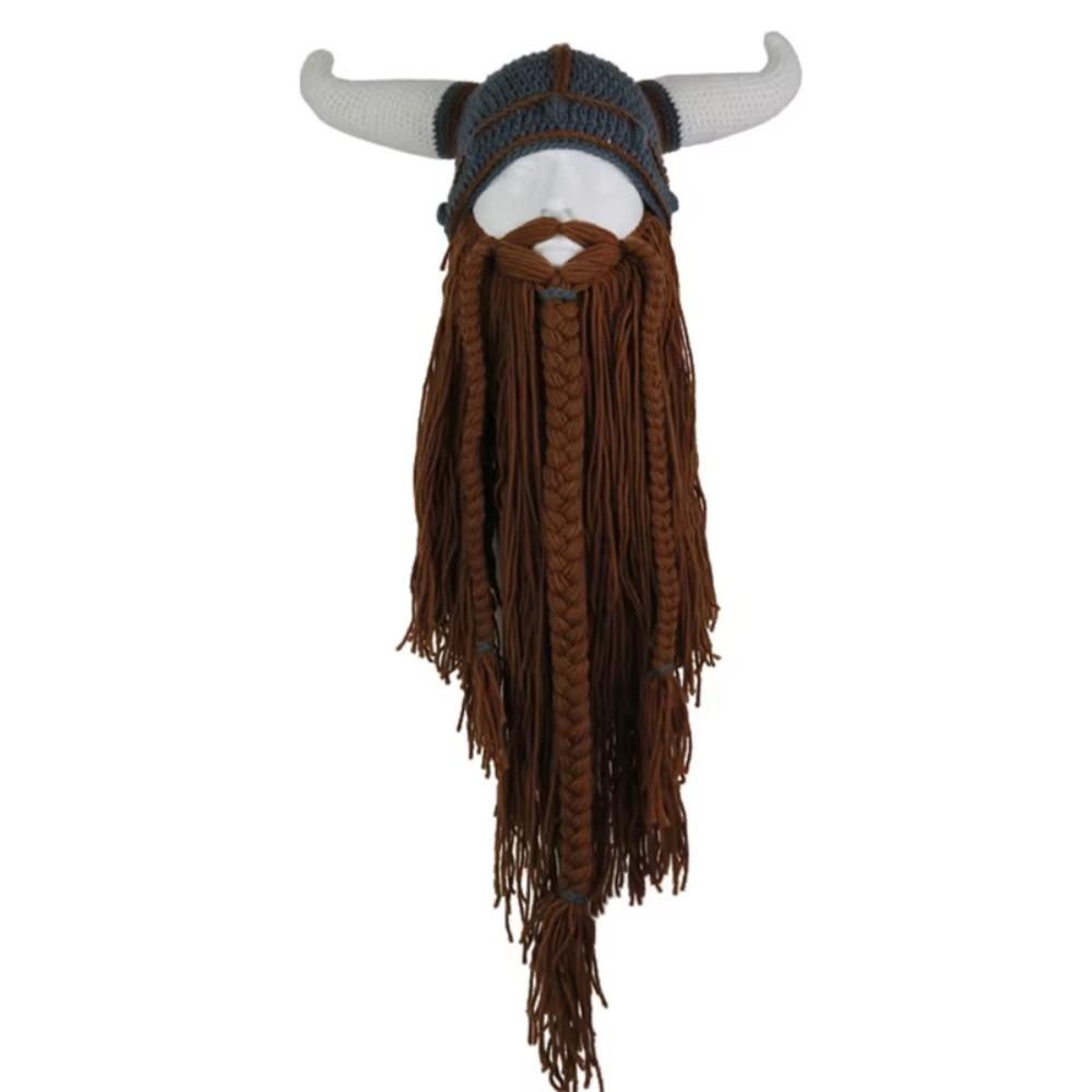 Hand Weave Bearded Funny Caps Funny Tricky Big Beard Mask Hat Viking Horn Hat Costume Accessory