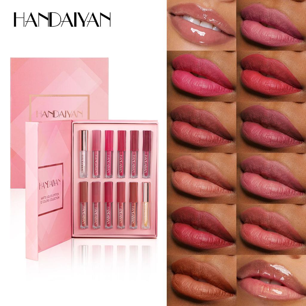 HANDAIYAN 12-color Matte Waterproof Non-stick Cup Lip Glaze Small Square Tube Gold Sparkling Pearlescent Lip Glaze