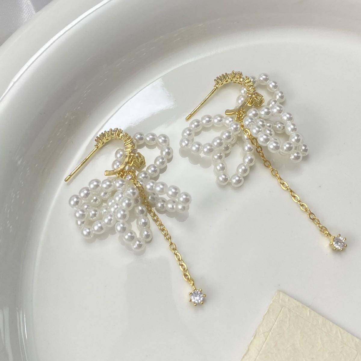 Elegant French Bow Zirconia Tassel Stud Earrings - Versatile, High-End Design