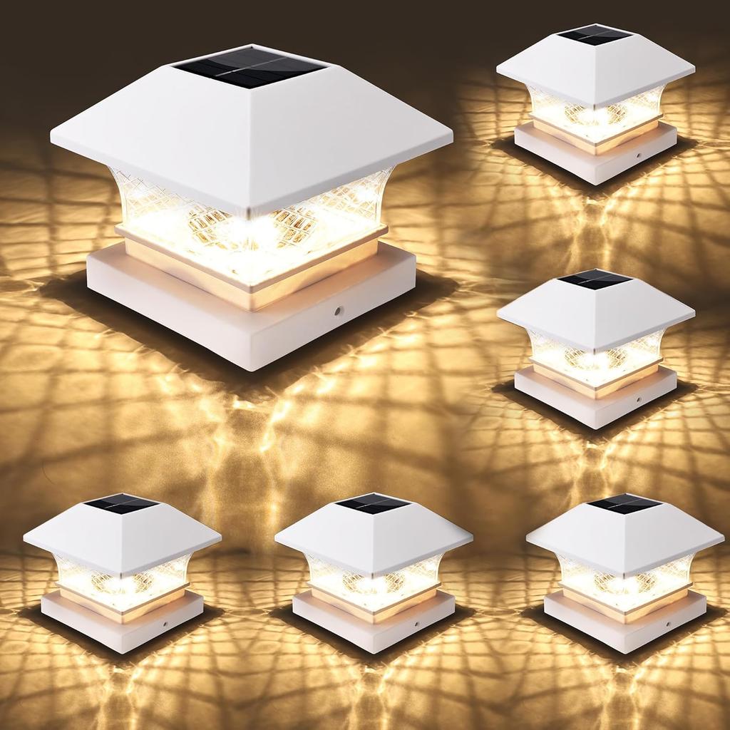 6 Pack Waterproof Solar Post Lights, Wooden PVC/Vinyl Fence Top Solar Lights, Fits 3.5x3.5 4x4 4.5x4.5 5x5, For Yard