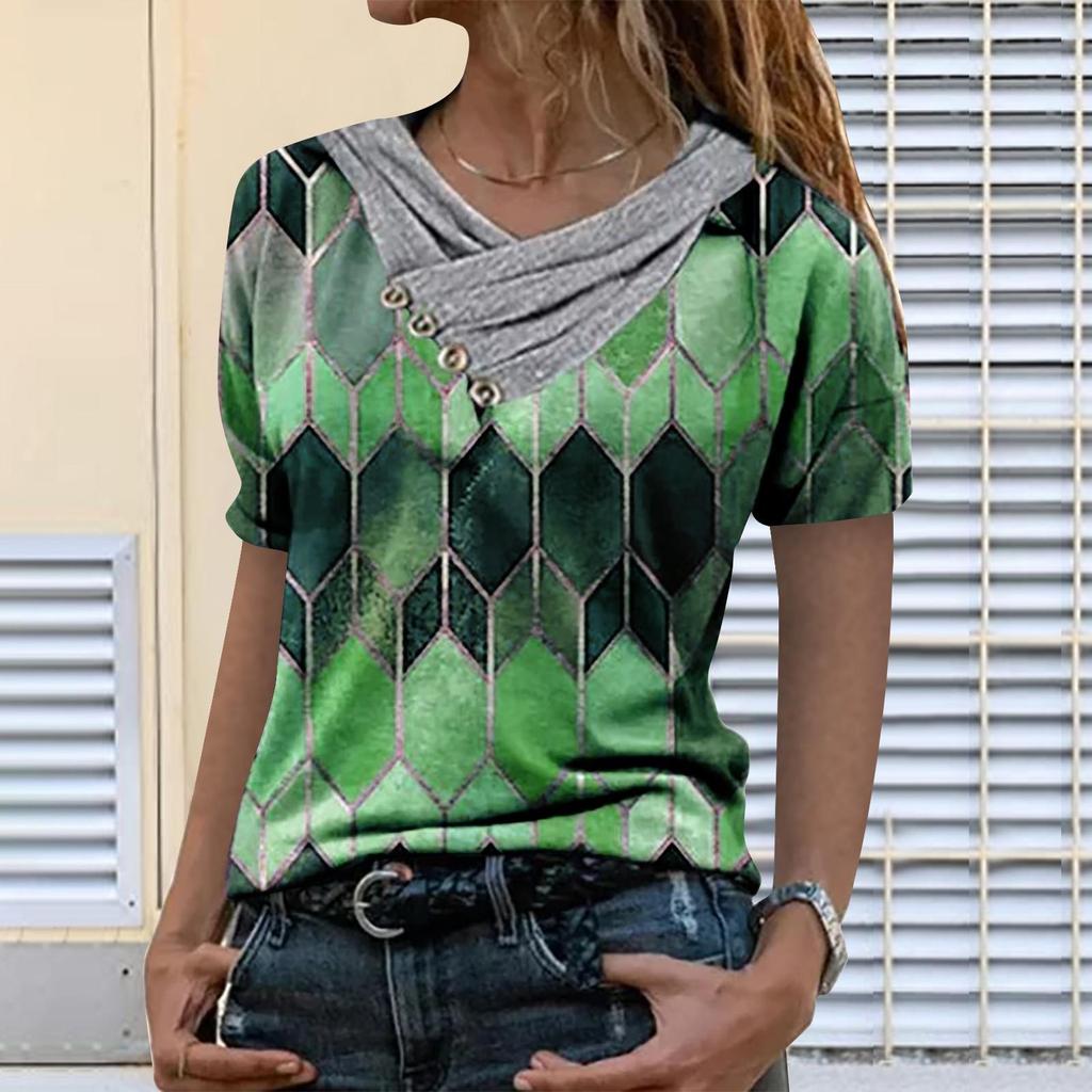 Women Tie-dye Printed Embroidery Collar Splicing Sleeve Pullover Blouse Tops