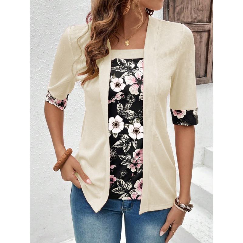 

Летние осенние женские футболки Поддельные двухсекционные женские футболки с рукавом пять четвертей с принтом в винтажном стиле L бежевый