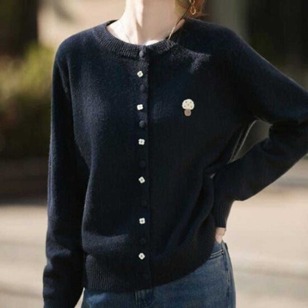 Navava Long Sleeve Knit Cardigan With Flower Mushroom Embroidery Nk3348