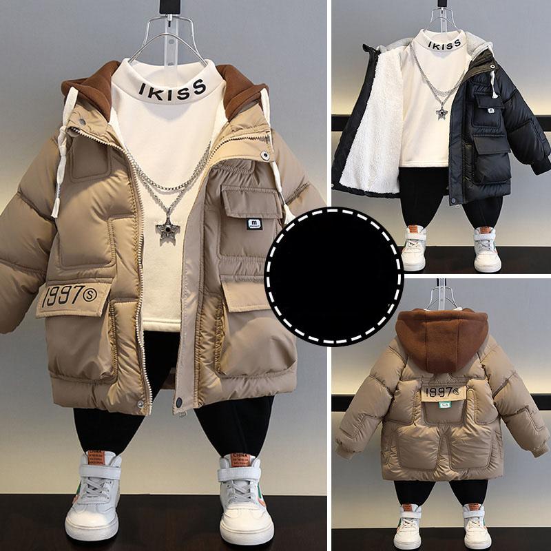 Children Winter Warm Thicken Plus Velvet Jacket Teen Hooded Coat Kids Parka Outerwear Boys Clothing Casual Clothes