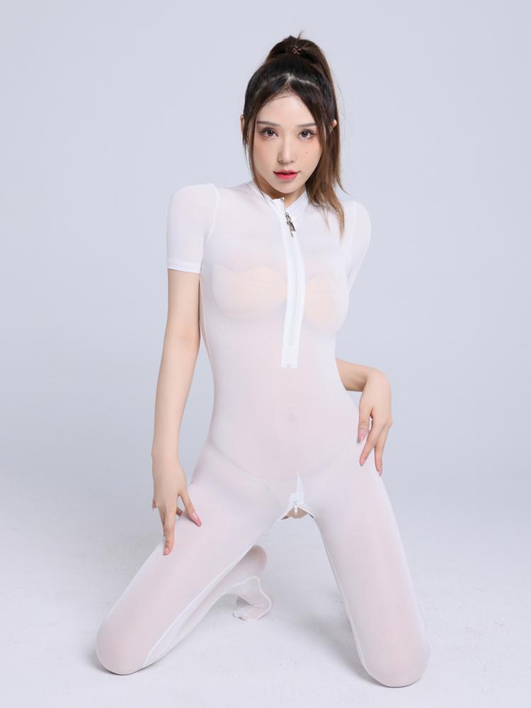 Zipper Open Crotch Sexy Leotard Sheer See Through Bodysuits Oil Glossy Shiny Silky Tights Smooth Yoga Dance Jumpsuits Elastic