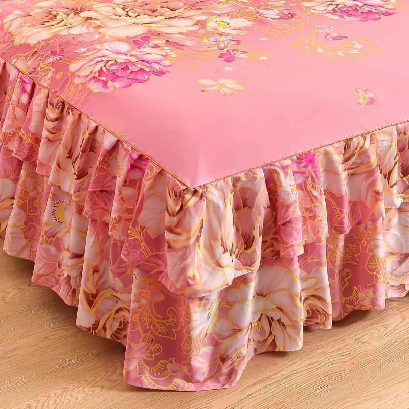 Ensemble 3 pièces Double Couche Coton Style Pastoral Housse de Lit Volants Housse de Lit Imprimé Végétal Jupe de Lit Couvre-lit Simple Double