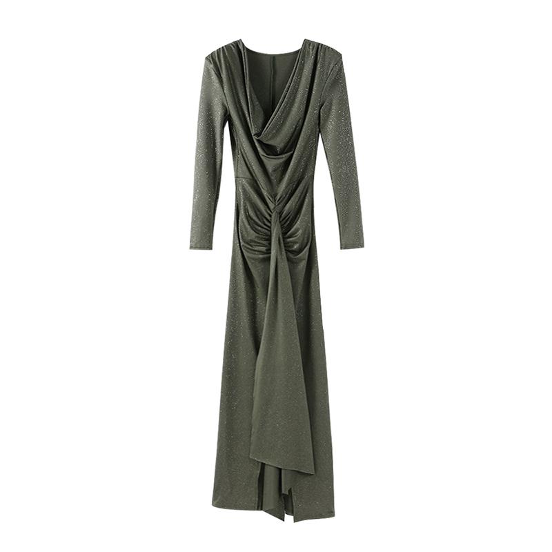 

Женское длинное платье, элегантное, с горячим тиснением, плиссированное, с глубоким V-образным вырезом, со шнуровкой, с длинными рукавами, длиной до пола, платья, новые модные женские халаты M армия зеленый