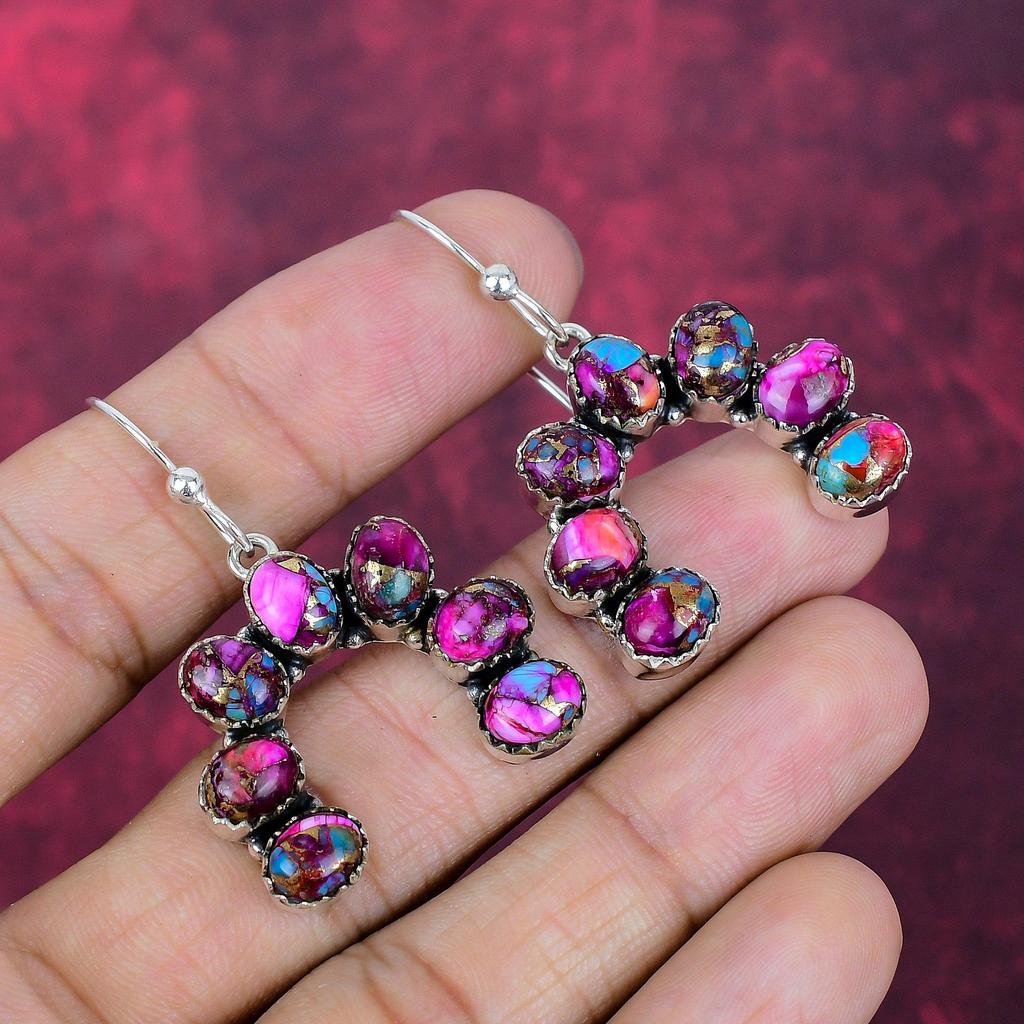 Pink Spiny Oyster Handmade Gemstone Earrings, 925 Solid Sterling Silver Earrings Antique Jewelry, For Wedding Gift