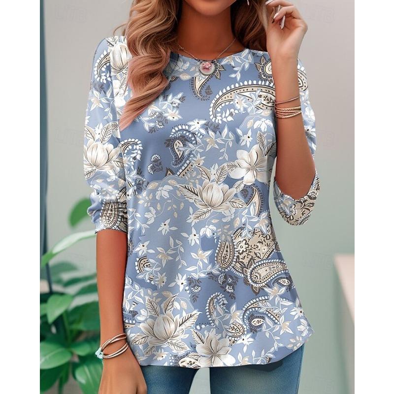 Women's Casual T-shirt 3D Printed Ethnic style vintage prints Round Neck Retro Elegant Long Sleeves Women's Fashion Pullover Long Sleeve Tops