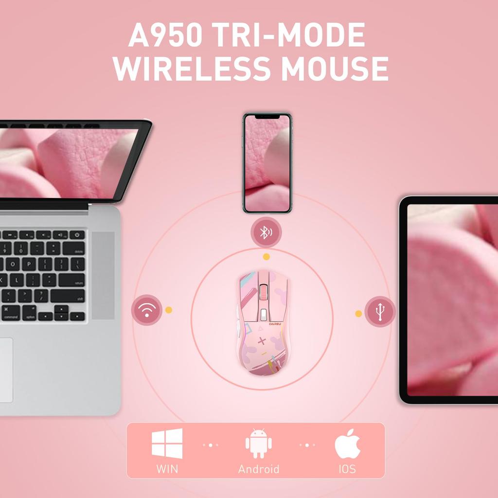 DAREU A950 Gaming RGB Lade-Ständer 12000 Technische Standards Genehmigte Maus, Rosa, Niedlich, Kabellos, Symmetrisch, Leicht, USB/2,4GHz/Bluetooth,