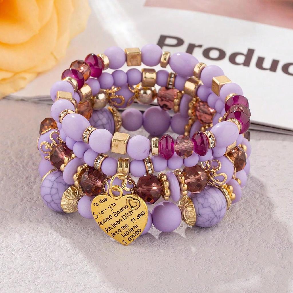 4Pcs Bohemia Acrylic Beaded Bracelet Set For Women Solid Heart Charm Elastic Chain Bangle Men Retro Daily Wear Jewelry Gift