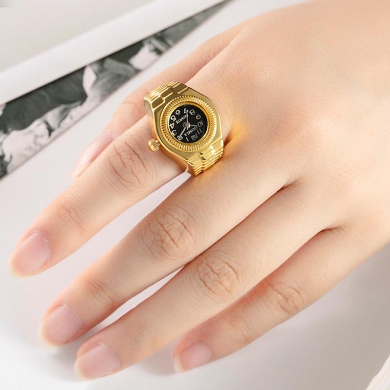 Creative Punk Square Dial Quartz Watches Rings For Women Men Couples Mini Elastic Strap Alloy Watch Finger Ring Jewelry