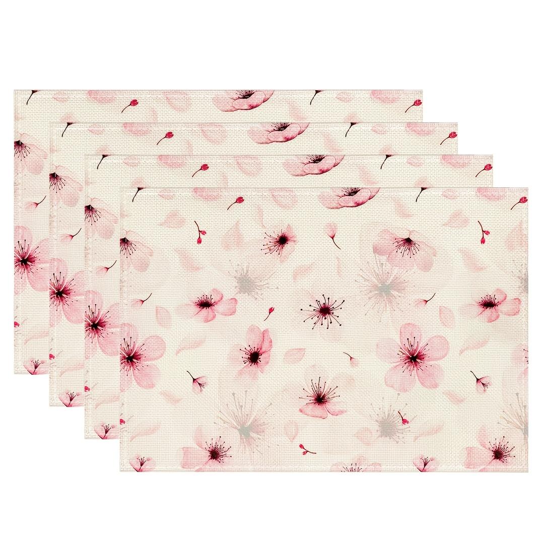 4pcs Cherry Blossom Placemats – Watercolor Pink Floral, Washable Polyester Table Mats for Spring Dining & Home Decor 4PCS