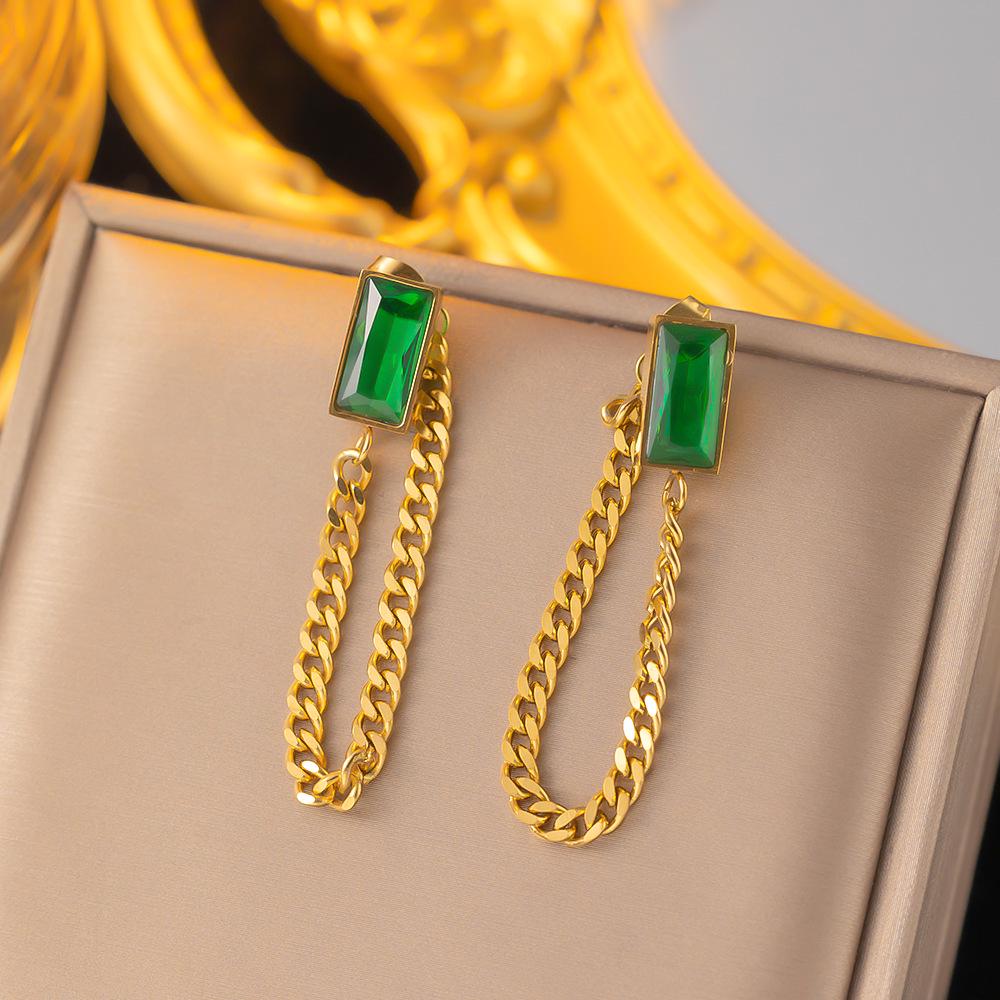 Set Colier Dublu Strat Stil Punk și Cercei cu Ciucure Verde din Oțel Titan pentru Femei