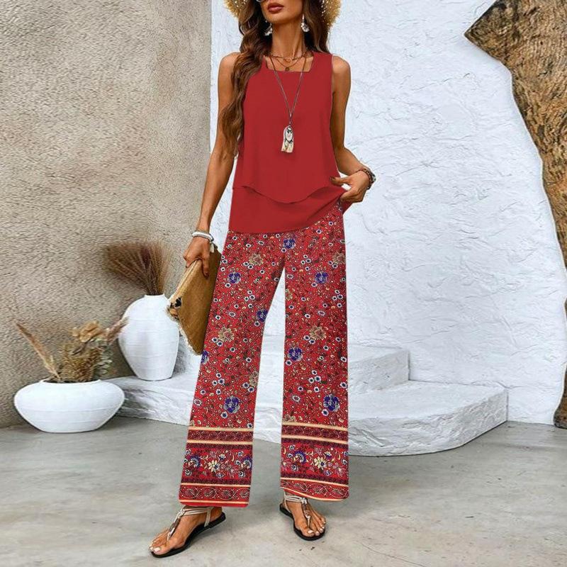 Women's Loose Fit Two Piece Outfit Sleeveless Tank Top High Waist Wide Leg Pants Set With 3D Abstract Print For Casual Summer Daily Wear