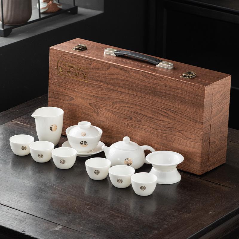 Jinfu Jade Porcelain Kung Fu Tea Set Gift Box Set Company Annual Meeting Commemorative Gift to Friends, Fathers, Teachers and Leaders