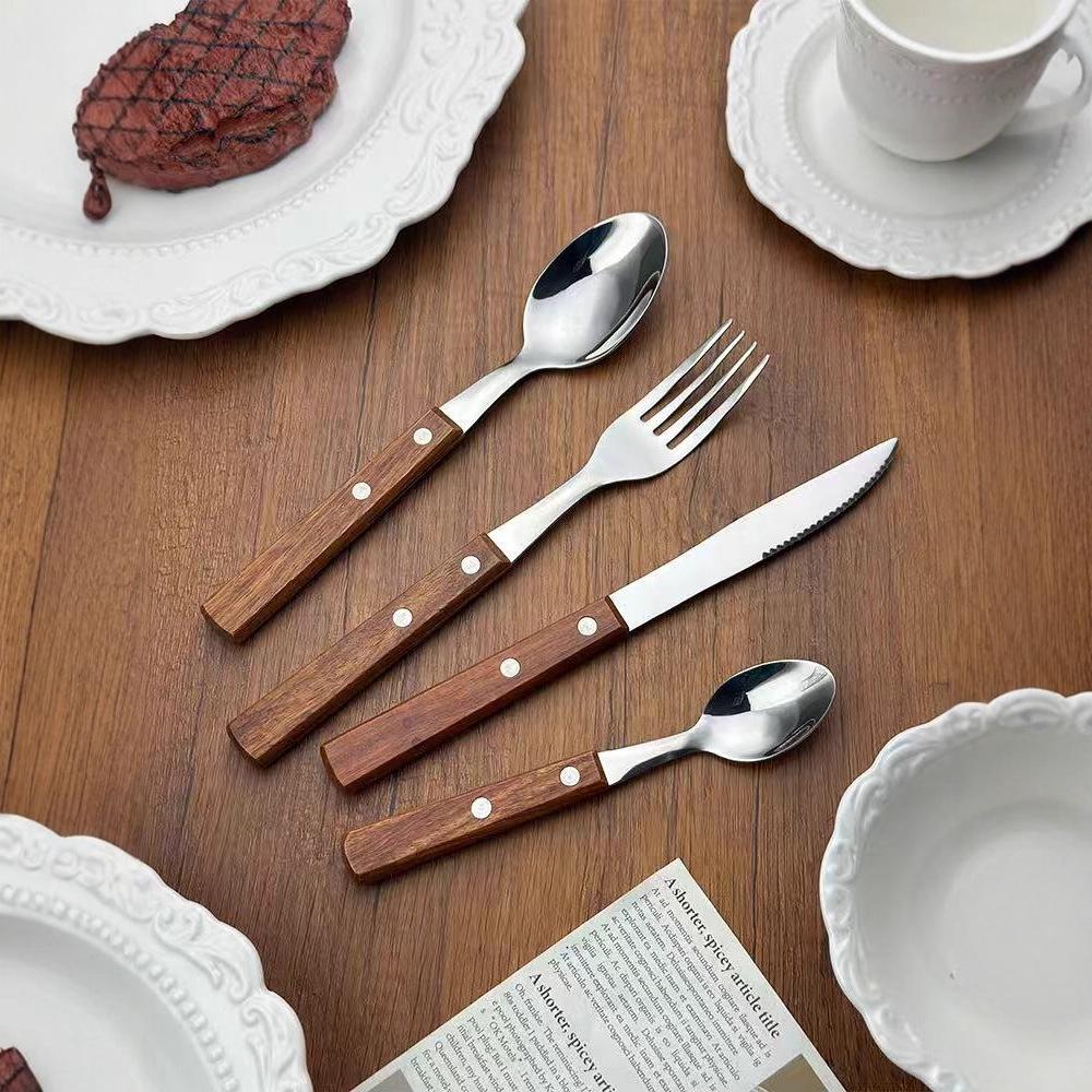 304 Stainless Steel Western Cutlery Set with Rosewood Handles - Includes Steak Knife, Fork, Spoon, and Tea Spoon. Tea Spoon