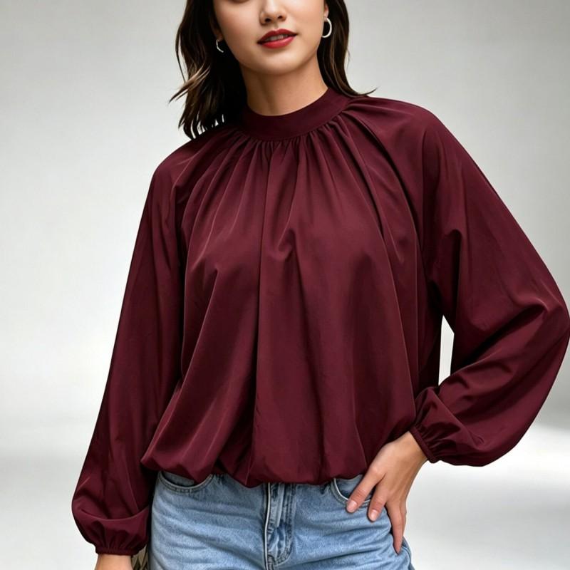 Womens Loose Fit Solid Color Blouse With Tie Neck Lantern Sleeves Office Wear Fall 2026