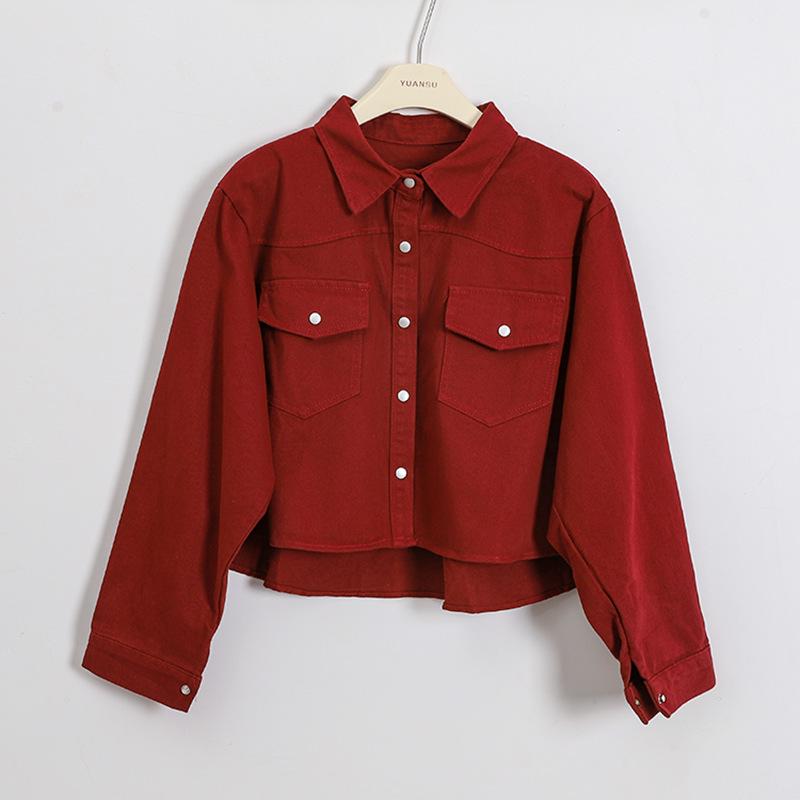 

Женская хлопковая куртка красного цвета для осени/зимы, маленького размера, приталенная, с отложным воротником One Size красный