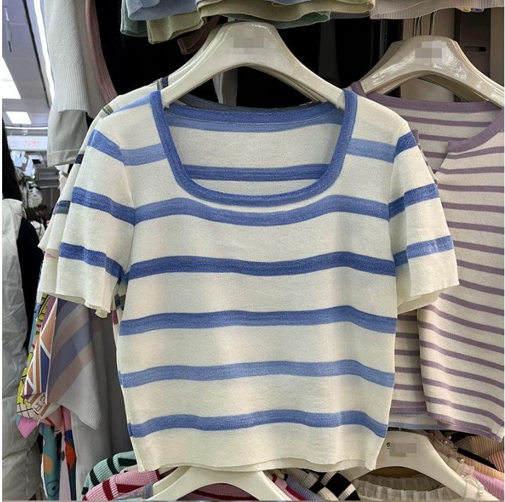 Women's Summer Rainbow Stripe Ice Silk T-Shirt, Plus Size, French Square Neck, Short Sleeve, Slimming Top