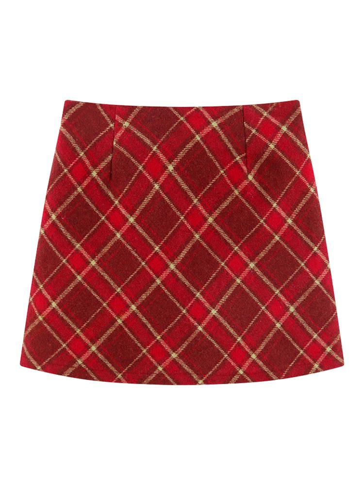 Women's A-line Plaid Retro Red Short Skirt - Autumn/Winter Petite Wool, Hip-hugging