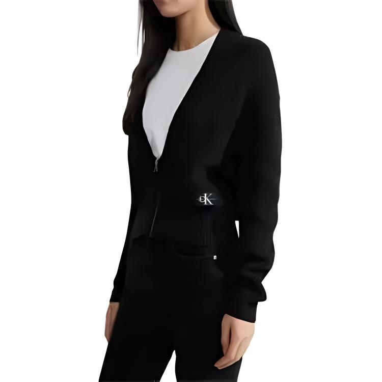 Calvin Klein Minimalist Embroidered Logo V-Neck Solid Color Zipper Cardigan Sweater Women sweater Space-Black J222623-BEH