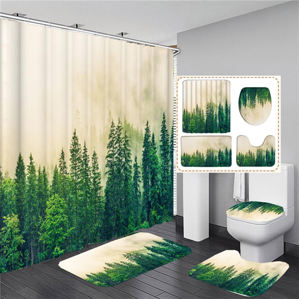 The Fog Of The Forest Landscape Shower Curtain Bathroom Accessories Partition Waterproof Polyester Bath Curtain Rugs And Mat Set