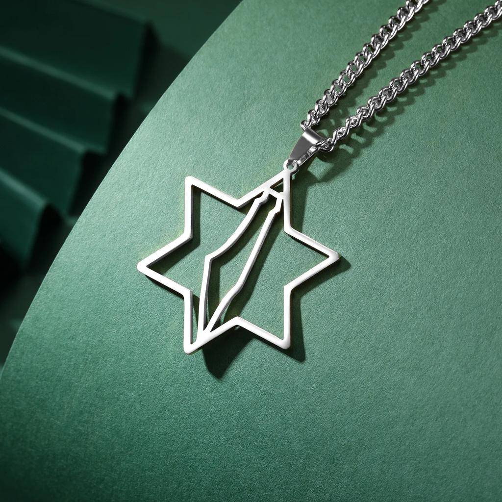 Lucktune Star of David Map Pendant Necklace Stainless Steel Hexagram Geography Outline Chain Necklace for Women Men Jewelry Gift