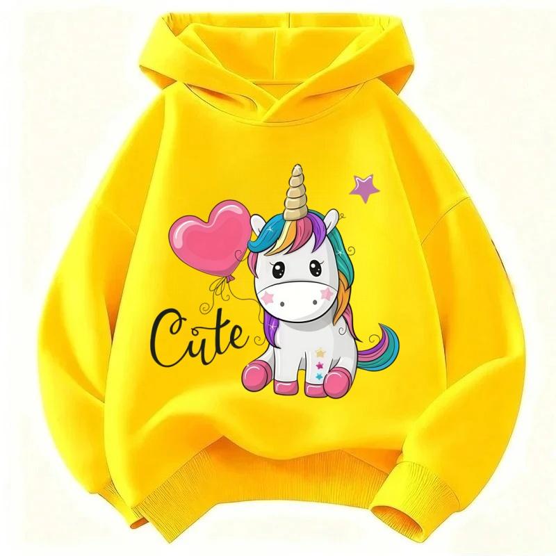Classic children's comfortable hooded shirt with cute unicorn print, fashionable for sports,long-sleeved, casual pullover hoodie