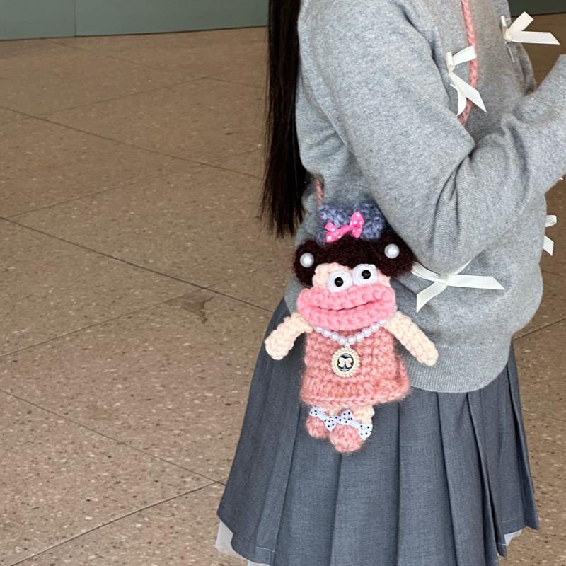 Adorable Cartoon Sausage Style Crochet Shoulder Bag For Kids With Breathable Yarn Material