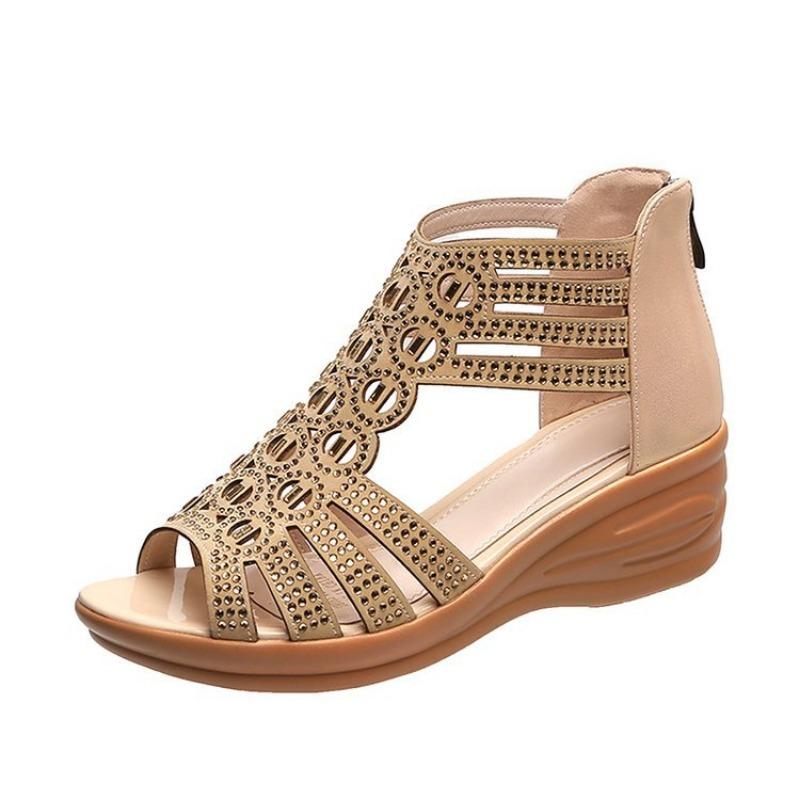 thick-soled slope heel sandals women's summer new hollow rhinestone lightweight muffin fish mouth sandals large size