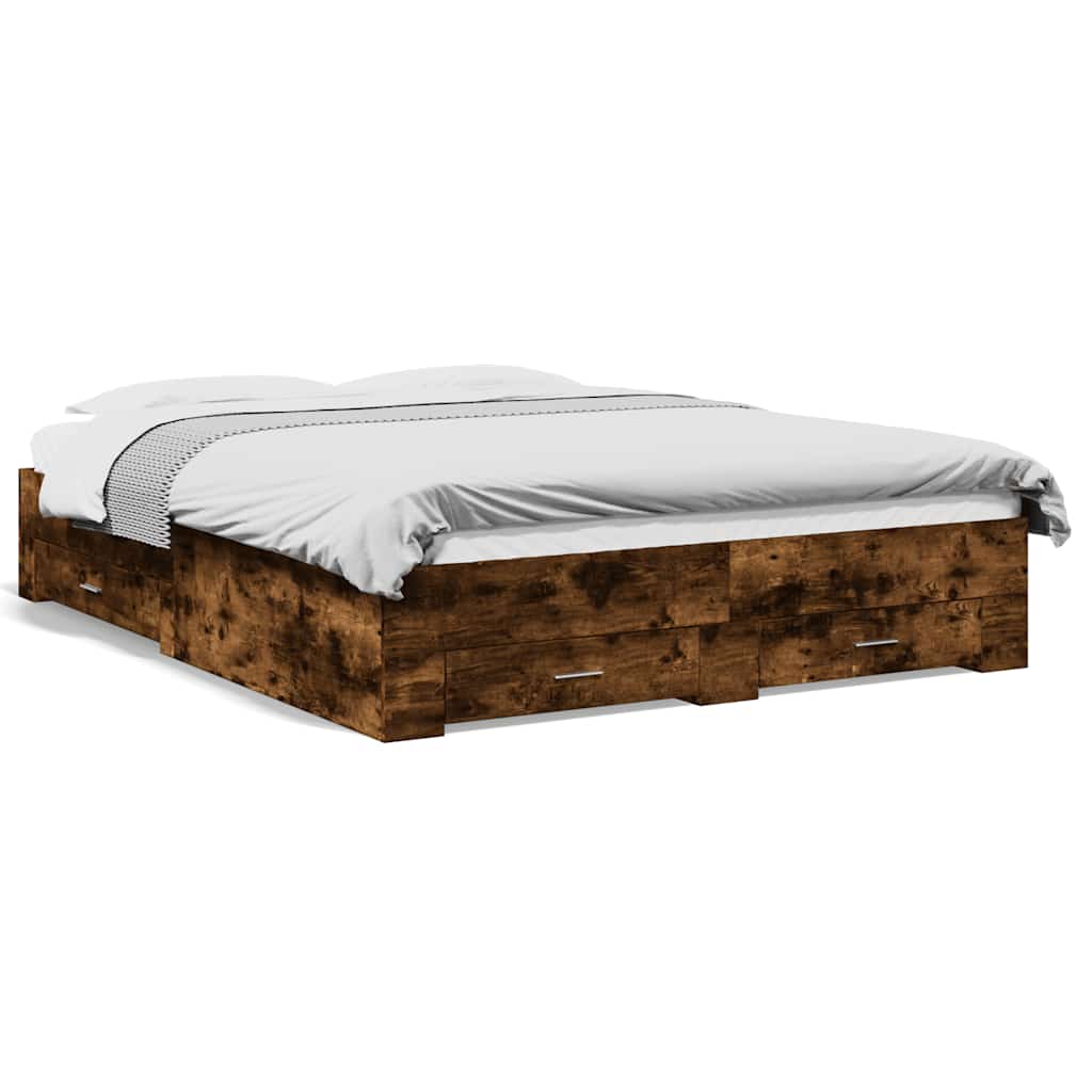 Bed Frame with Drawers Smoked Oak 160x200 Cm Wood Based Material