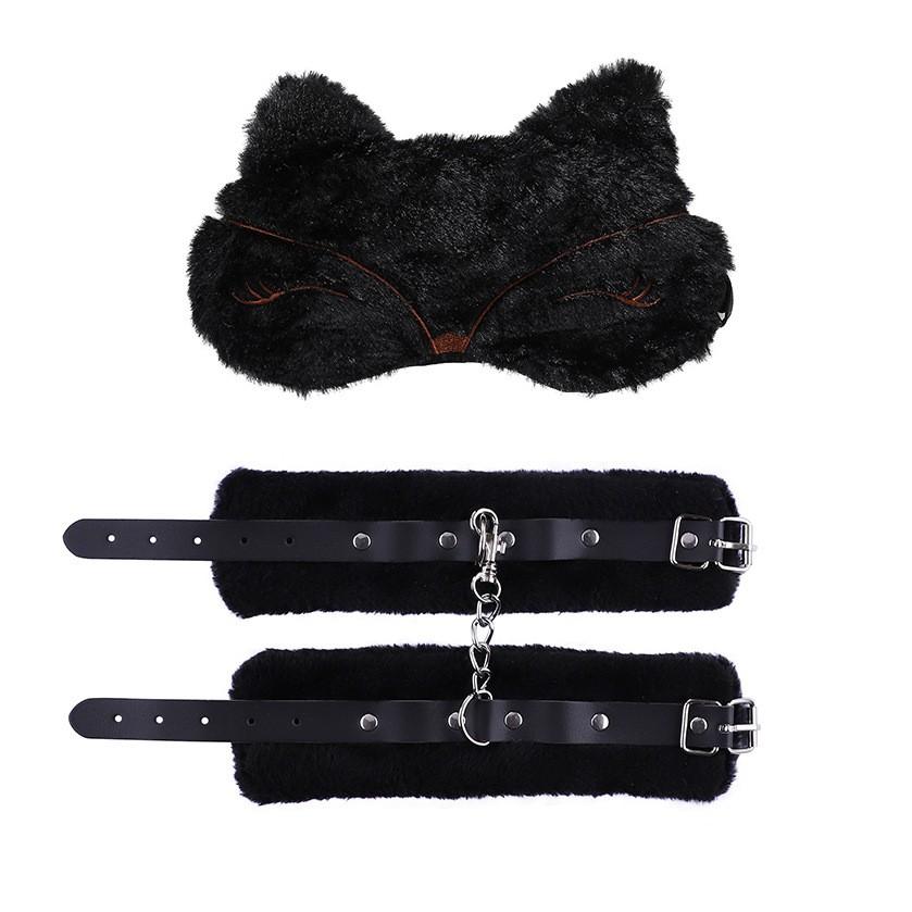 VaHppy Sex Toys 2pcs Blindfold + Handcuffs Cat Shape Pink/Black Plush SM BDSM Bondage Cosplay Couple Flirting