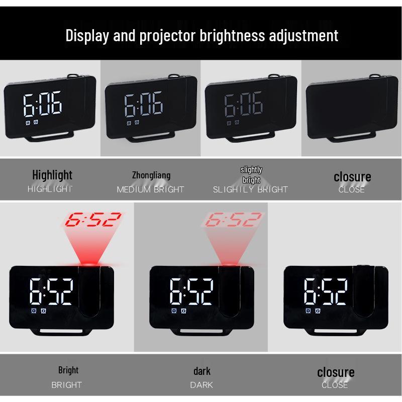 0716 Dual Alarm Clock with Large LED Display, Curved Surface, and Radio Projection