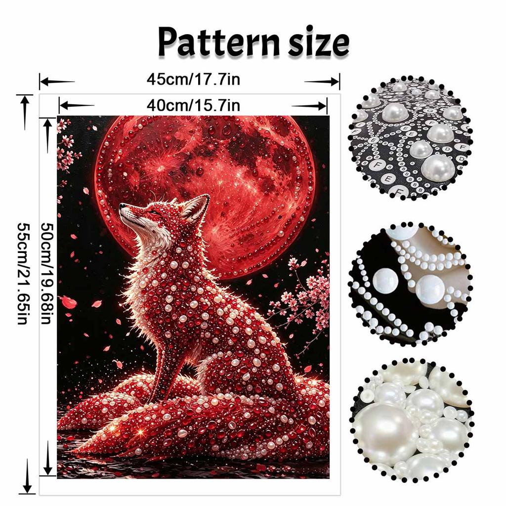 DIY Framed Pearl Painting Kit Red Fox Under Full Moon Sparkling Bead Art Canvas Ready To Display Desk Decor Gift Aesthetic Wall Decor Craft