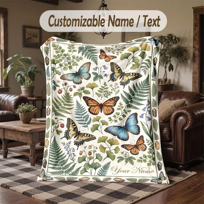 Butterflies Dragonflies Garden 2 Theme Throw Blanket Custom Name Text Personalized Blanket Soft Cozy Blanket for Home Sofa Bed