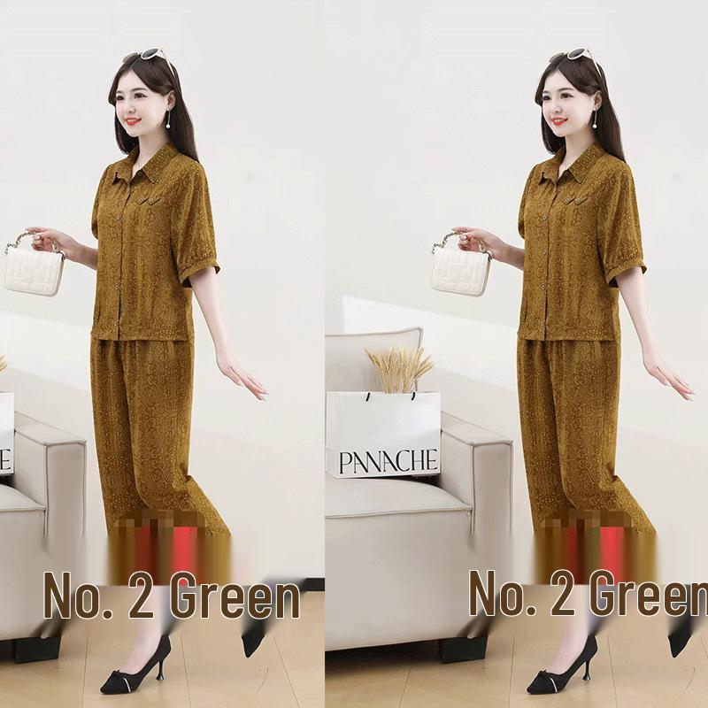 

Plus Size Summer Mid-Sleeve Lapel Top with Loose Nine-Point Pants 2XL зелений