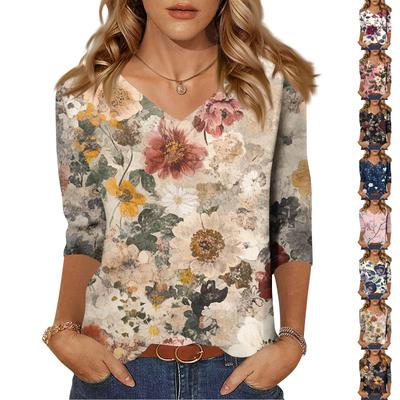 Women's Tops Three-quarter Sleeve Shirt V-neck Loose Casual Shirt Floral Print T-shirt