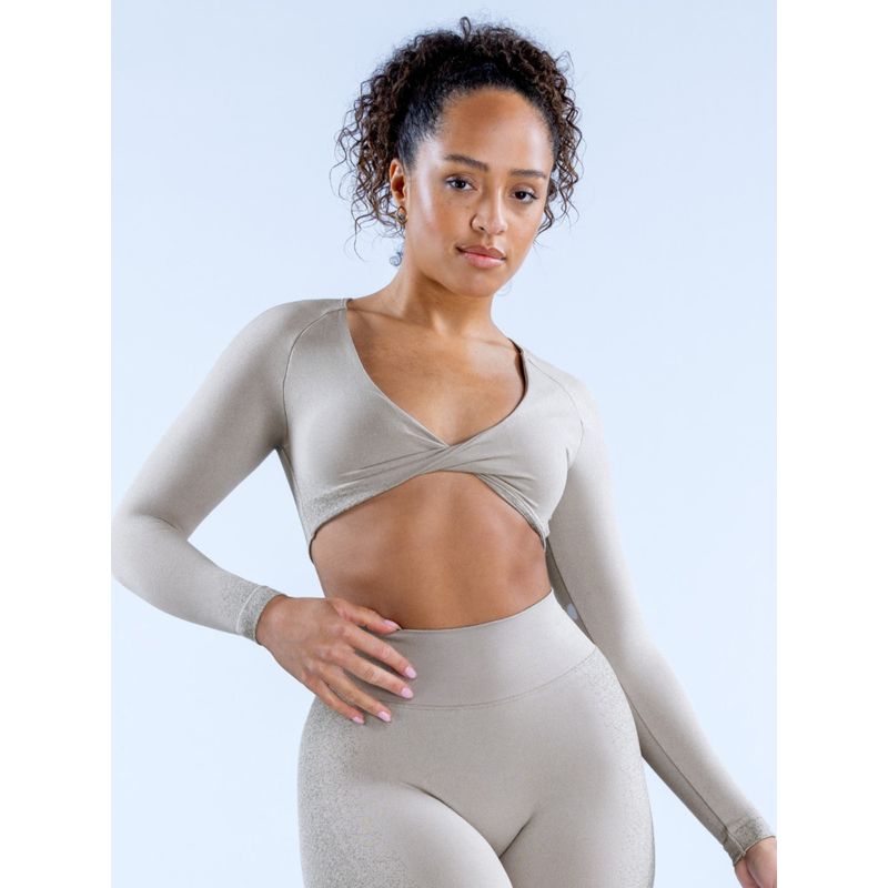 and American Style Women Deep V Short Workout Top Yoga Midriff-Baring Sports Belt Chest Pad Twisted High Elastic Quick-Drying Long Sleeves New