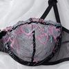 Pink & Black Sexy Floral Embroidered Mesh Lingerie Set - Sheer Bra & Thong Two-Piece