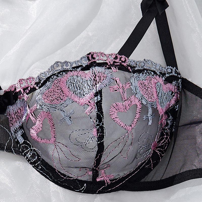 Pink & Black Sexy Floral Embroidered Mesh Lingerie Set - Sheer Bra & Thong Two-Piece