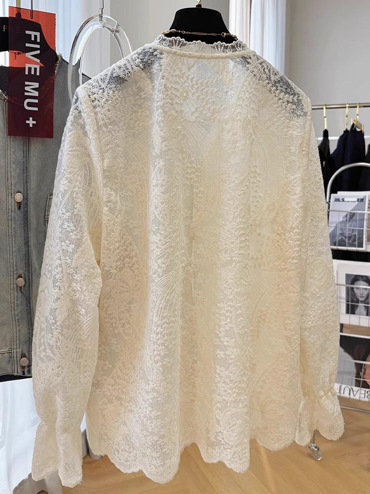 Korean V-Neck Lace Long-Sleeve Shirt - Light Luxury Spring Outerwear Top, Elegant and Unique Base Layer.