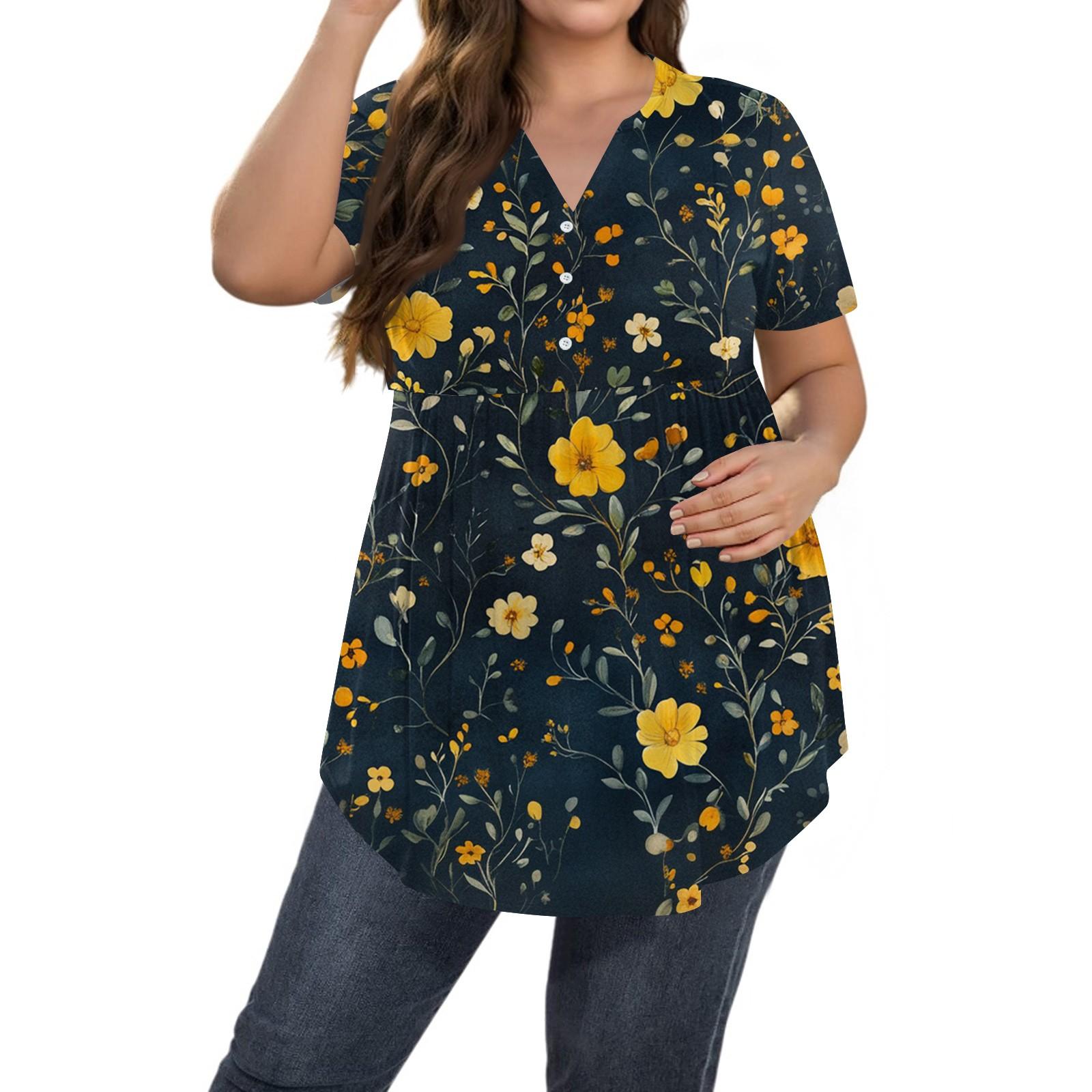 

Женский принтованный топ большого размера с V-образным вырезом и застежкой на пуговицы, повседневный топ с короткими рукавами и свободным кроем XL жёлтый