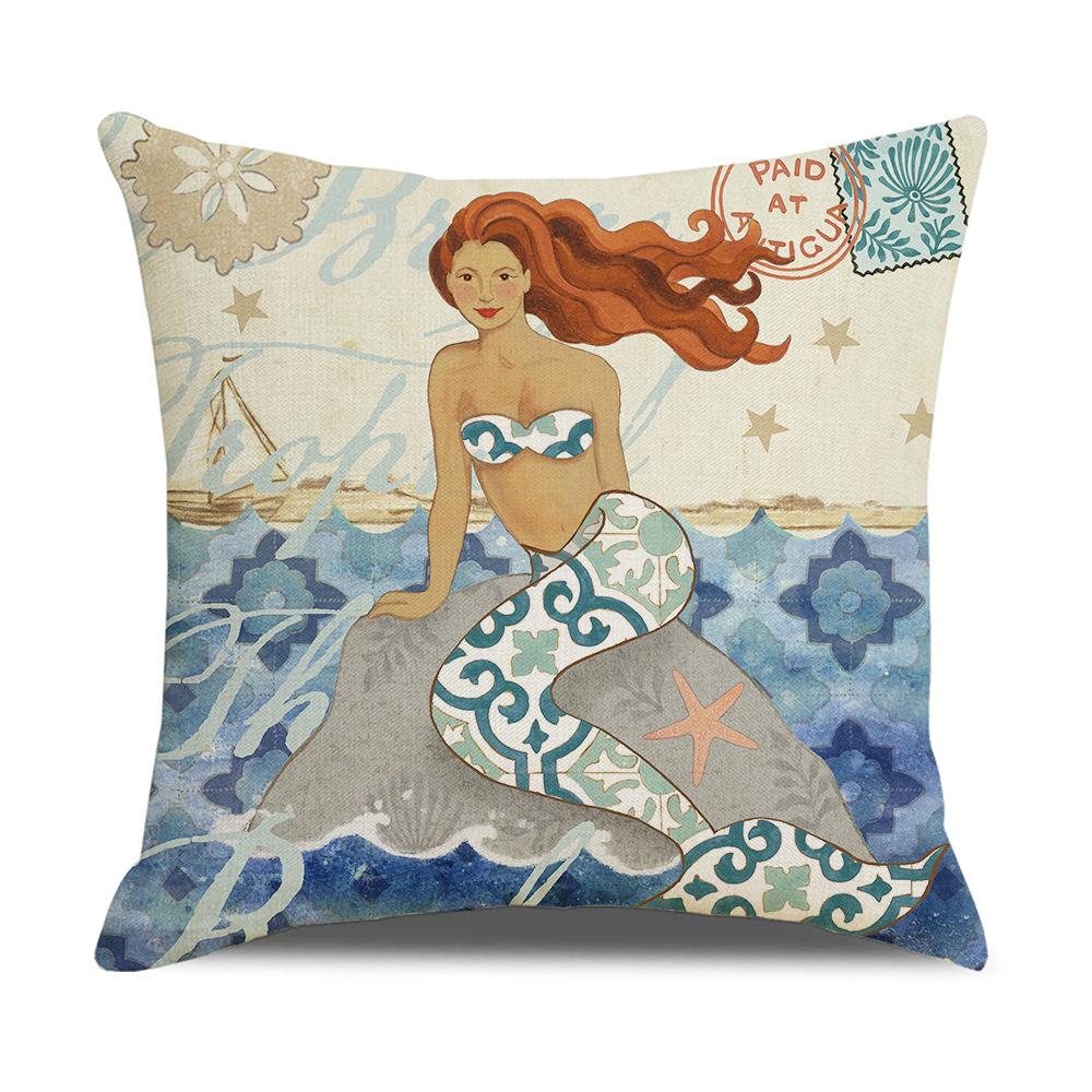 Retro Mediterranean Ocean Digital Print Linen Pillow Reading Cushion Home Furnishings